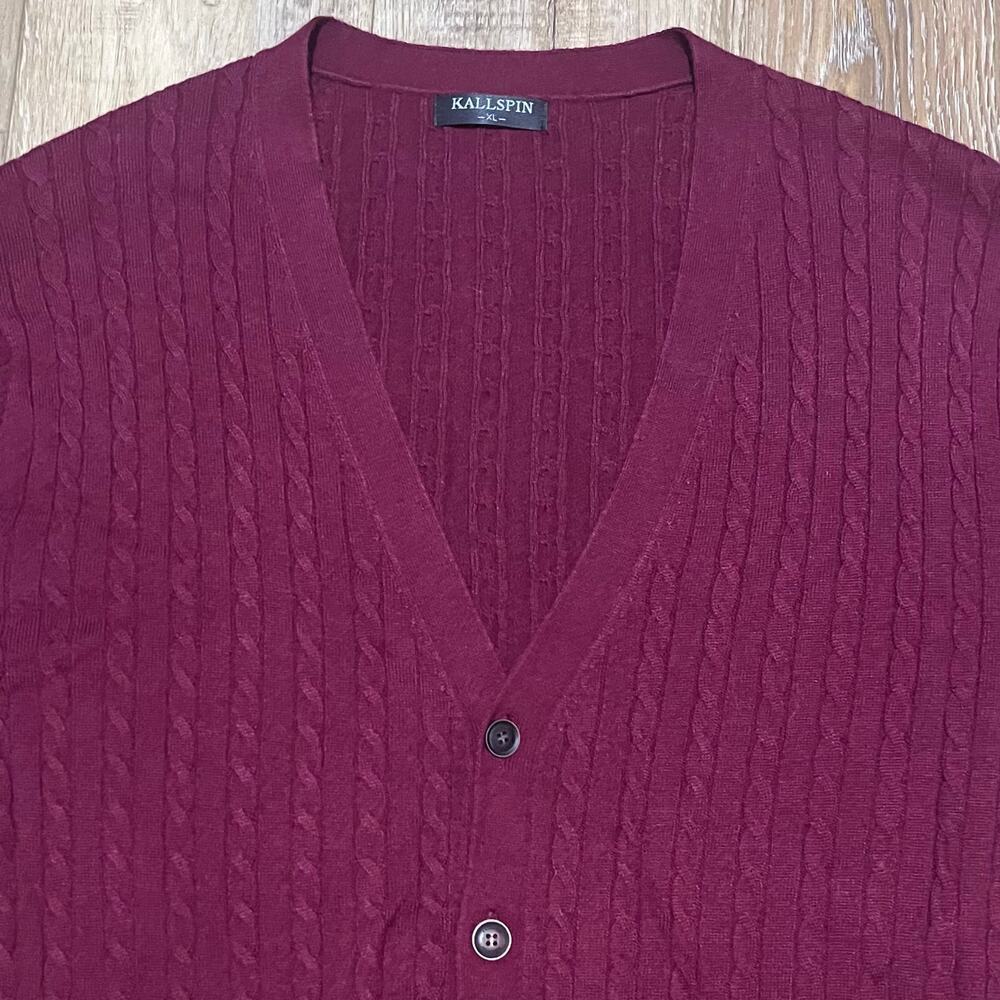 Kallspin Wool Blend Cable Knit Cardigan Sweater XL V-Neck Maroon Grandpa Preppy - Picture 4 of 9